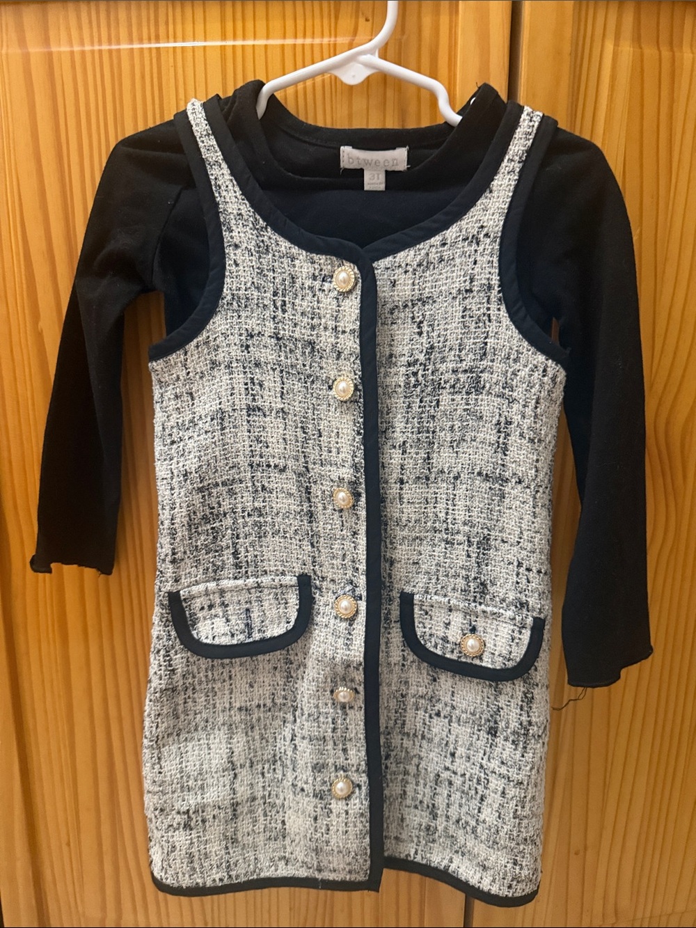 Girls Navy & Ivory Tweed Dress with Pearl Buttons